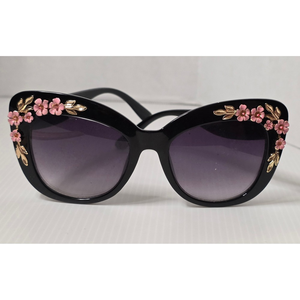 Unbranded Oversized Sunglasses XL Black Pink Floral Enamel Gold Tone Good